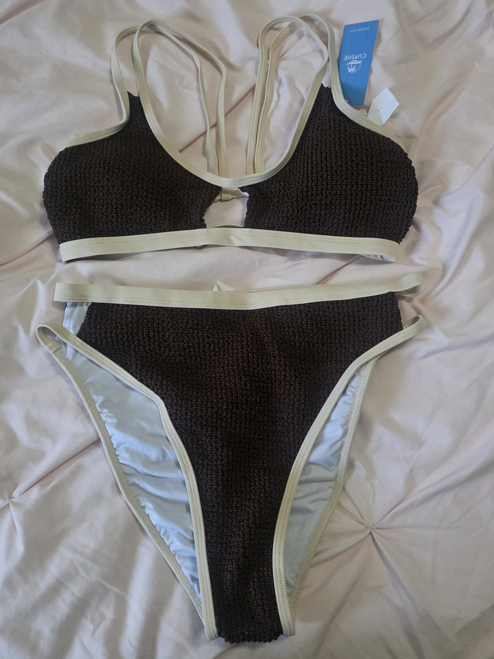 Cupshe Brown Textured Bikini Top with Cream Trim